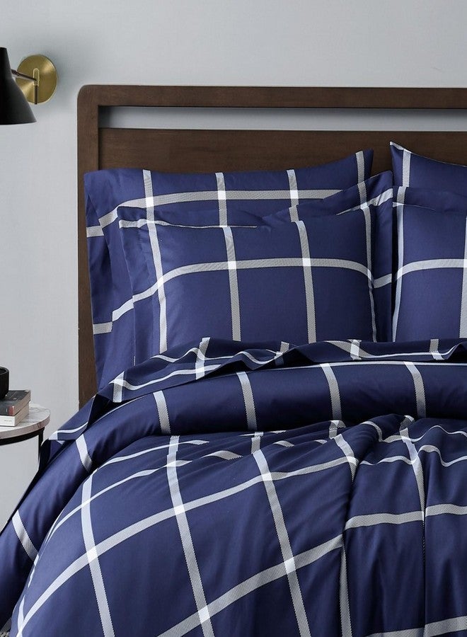 TRULY SOFT Printed Windowpane White and Navy Polyester 3-Piece King Duvet Set, Geometric Themed, for Men and Women, Oeko-TEX Certified Confidence - Image 3
